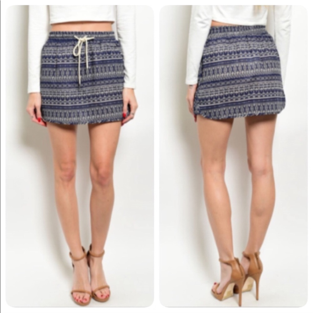 Navy and White Tribal Print Mini Skirt